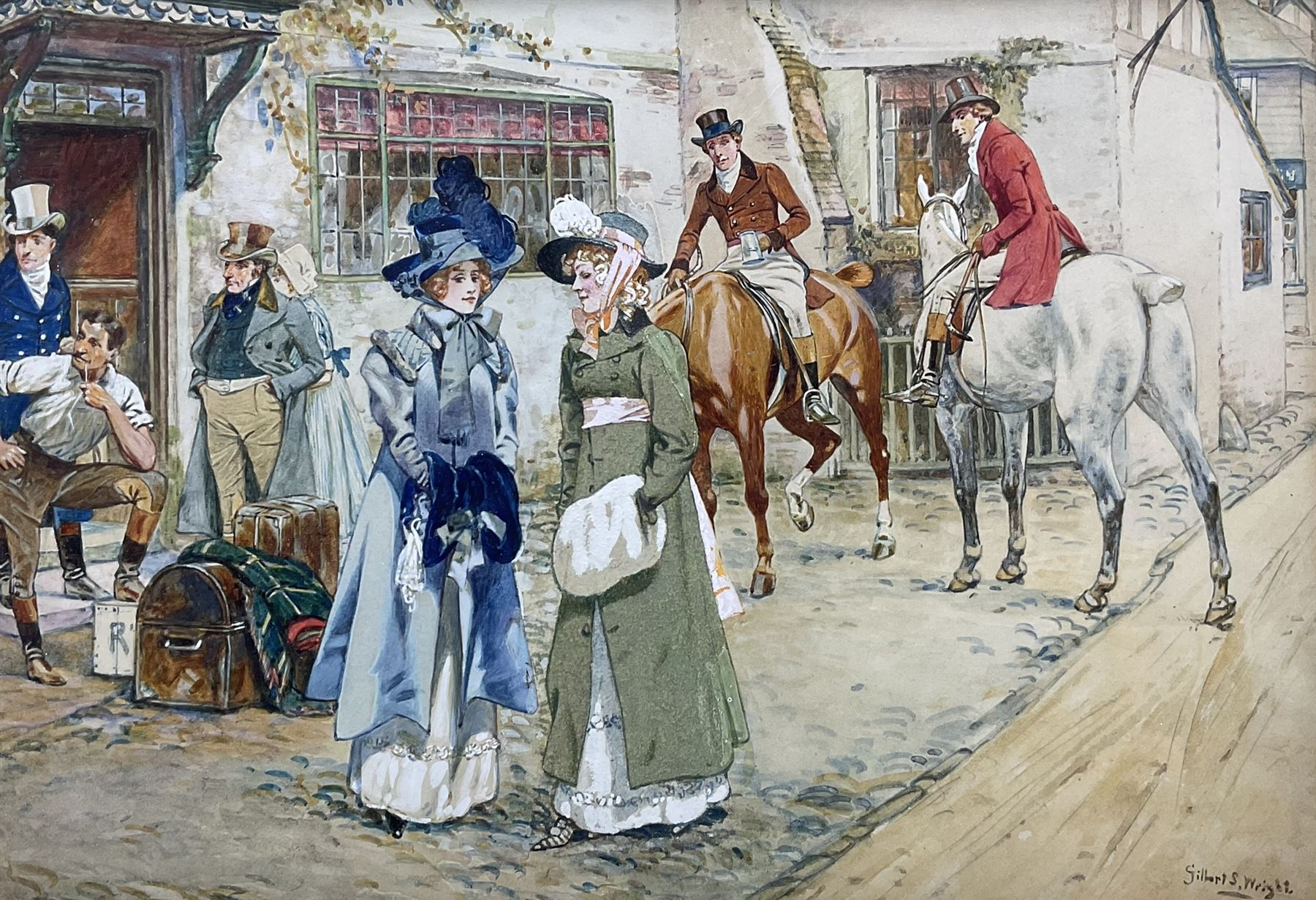 Gilbert Scott Wright (British 1880-1958): Outside the Inn, watercolour signed 20cm x 29cm