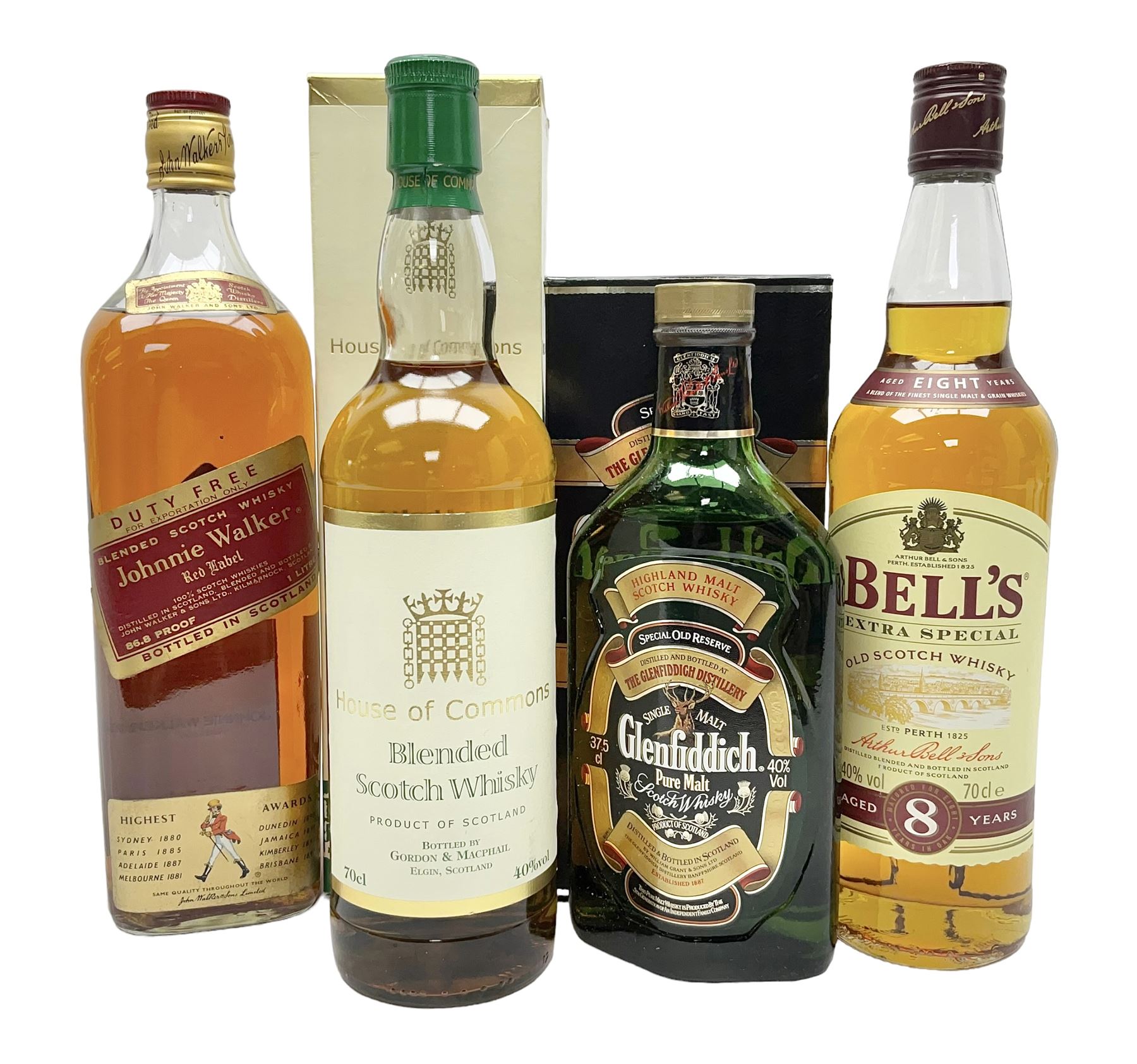 Glenfiddich Special Reserve single malt Scotch whisky, Bells, 8 years old blended Scotch whisky, House of Commons blended Scotch whisky and Jonnie Walker Red Label blended Scotch whisky, various contents and proof   
