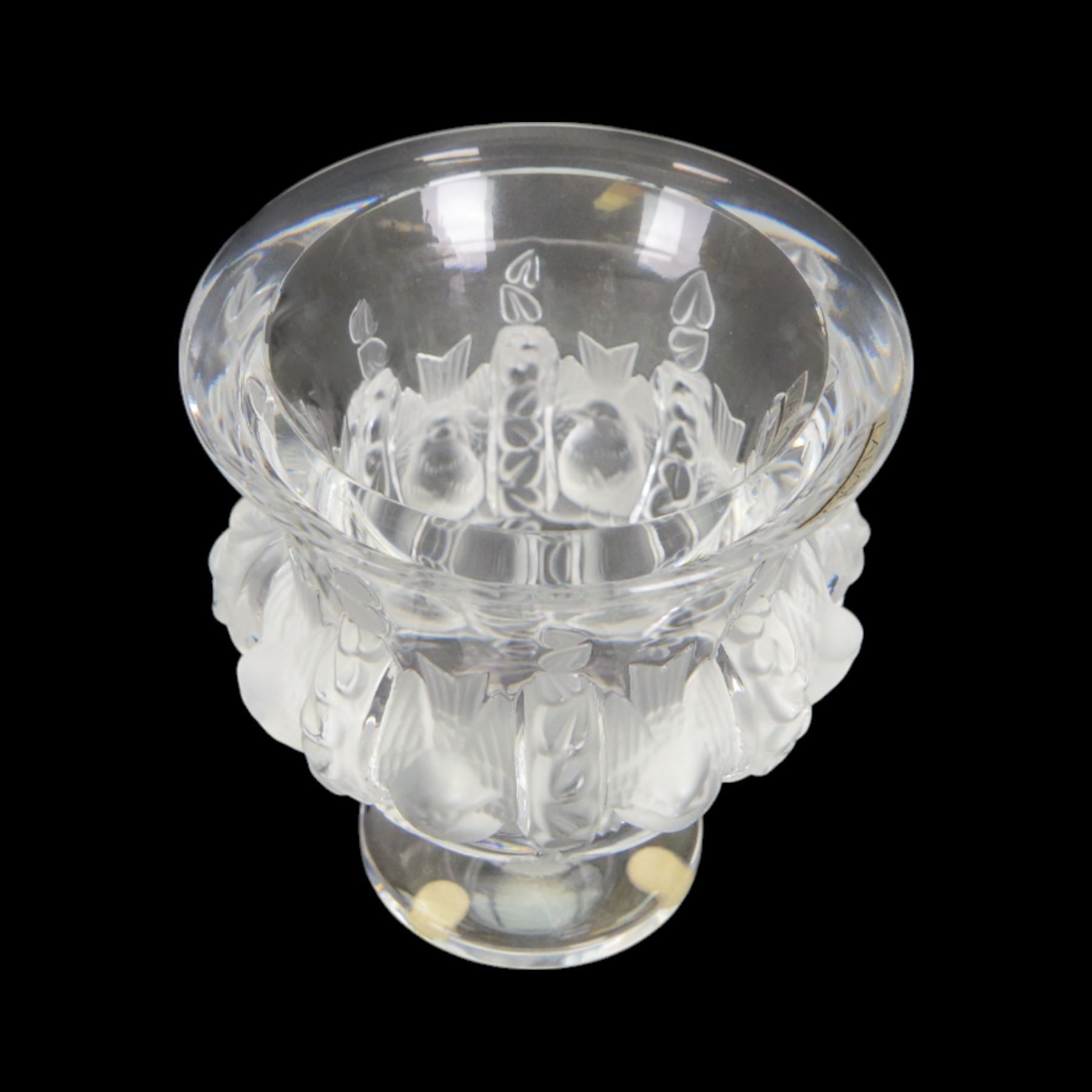 Lalique Dampierre vase, designed by Marc Lalique, of campana form, decorated in relief with sparrows and flowers upon a circular base, signed to base, H12cm