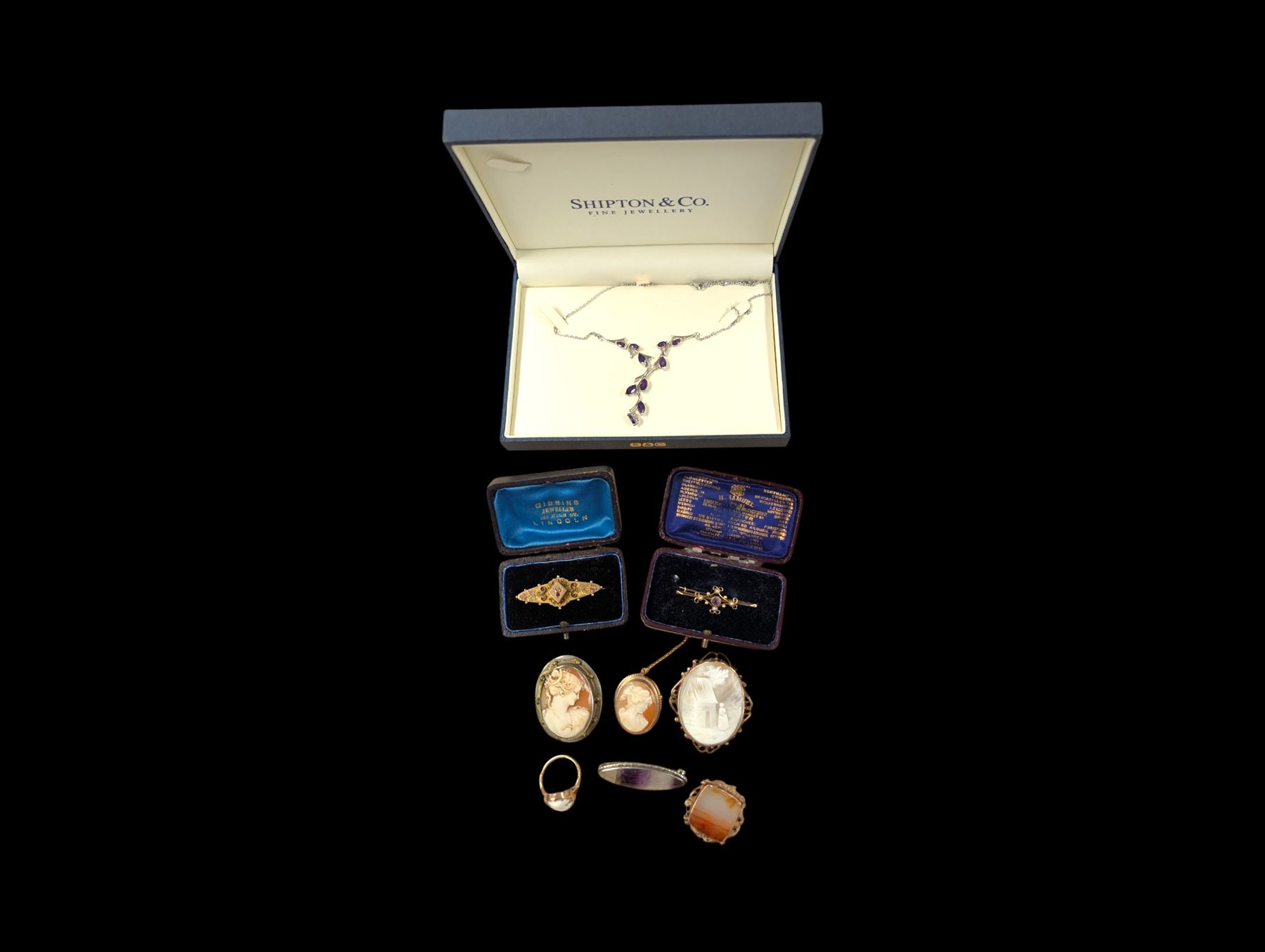Collection of 9ct gold jewellery, including cameo brooches and ring and silver blue john brooch, silver necklace, etc