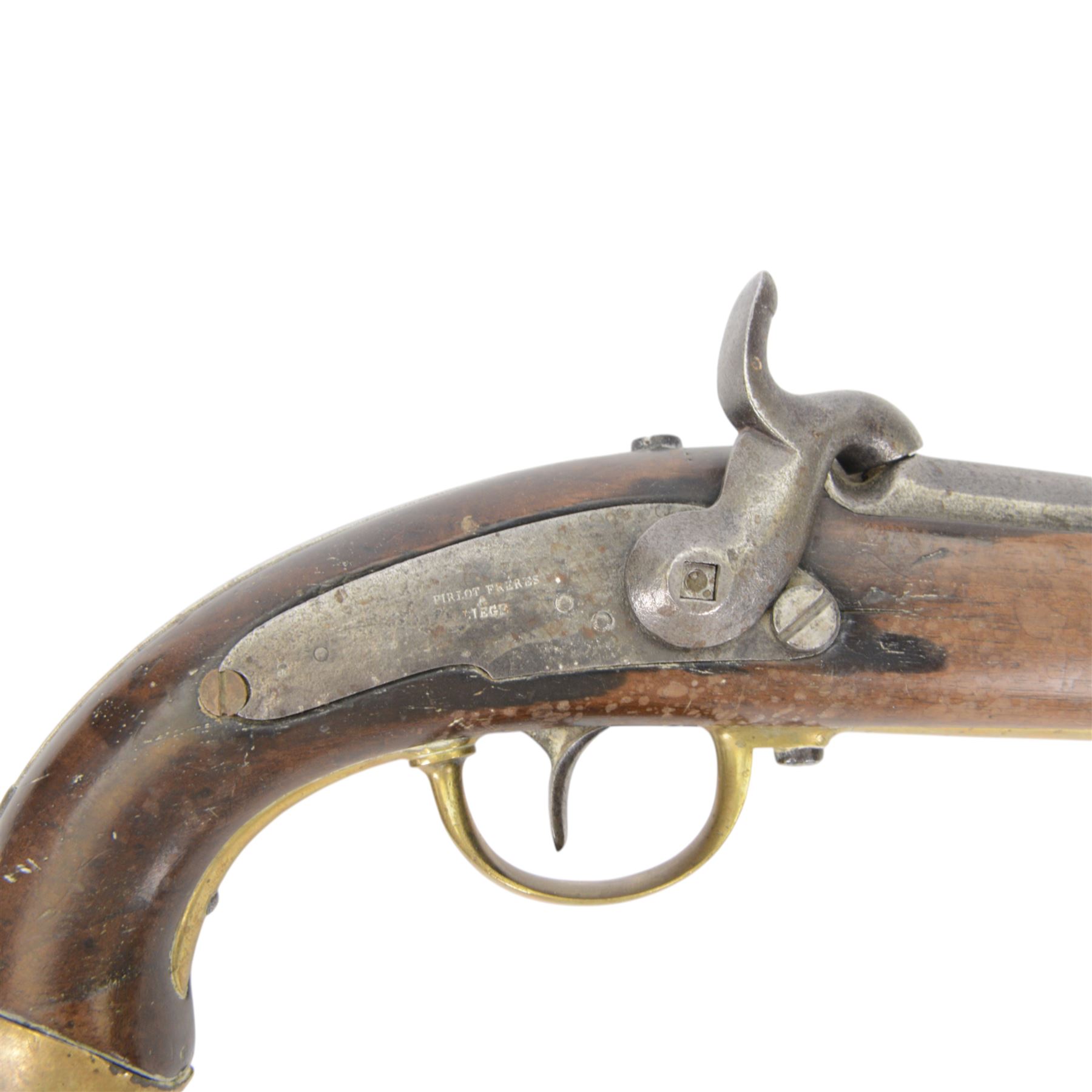 19th century percussion pistol, with round 22cm unsighted barrel with octagonal base, backwards spring lock signed 'PIRLOT FRERES LIEGE'; wooden full stock with brass mounts, belt hook, overall L36cm