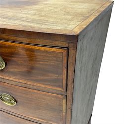 George III mahogany bow-front chest of drawers, four graduated drawers with oval brass handles, raised on splayed bracket feet with a shaped apron