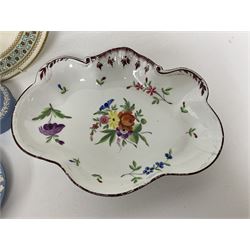 Victorian Royal Worcester cabinet plate, foliate painted within pale blue geometric and floral border with gilt stylised edging, printed mark to the base, date code 1882, together with Victorian sweet meat dish painted with flowers with purple borders, Wedgwood Jasperware etc, cabinet plate D23cm