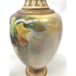  Royal Worcester vase, of ovoid form with tall neck and spreading foot, decorated with hand painted roses and gilt detail, signed H. Martin, with green printed mark to base, and numbered 281, H27.5cm. Together with a small Royal Worcester vase with similar hand painted decoration, and a Royal Worcester bud vase with molded acanthus and shell detail, each with printed marks to base.   