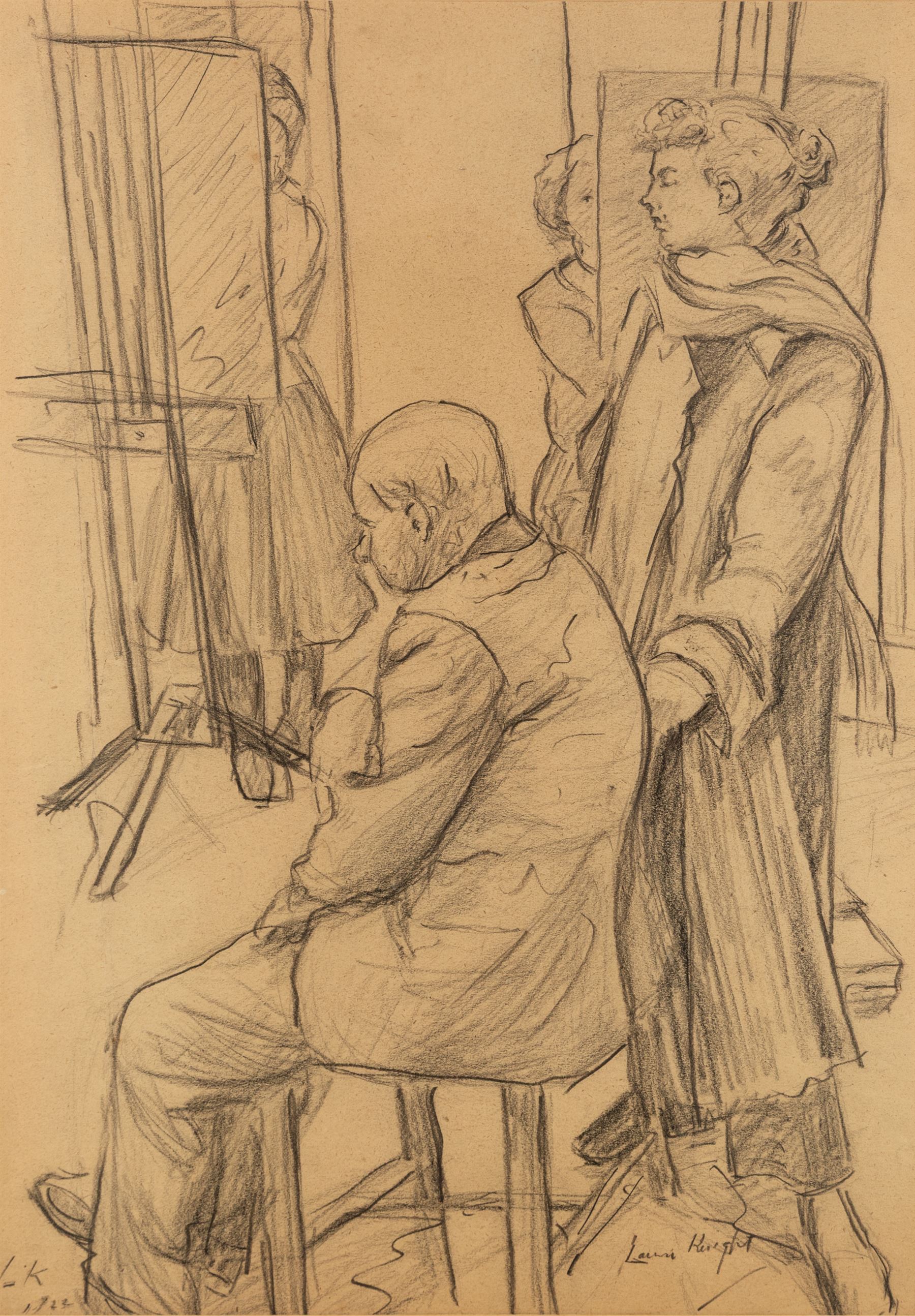 Dame Laura Knight (Staithes Group 1877-1970): A Drawing Lesson, pencil drawing signed twice and dated 1922, 48cm x 34cm