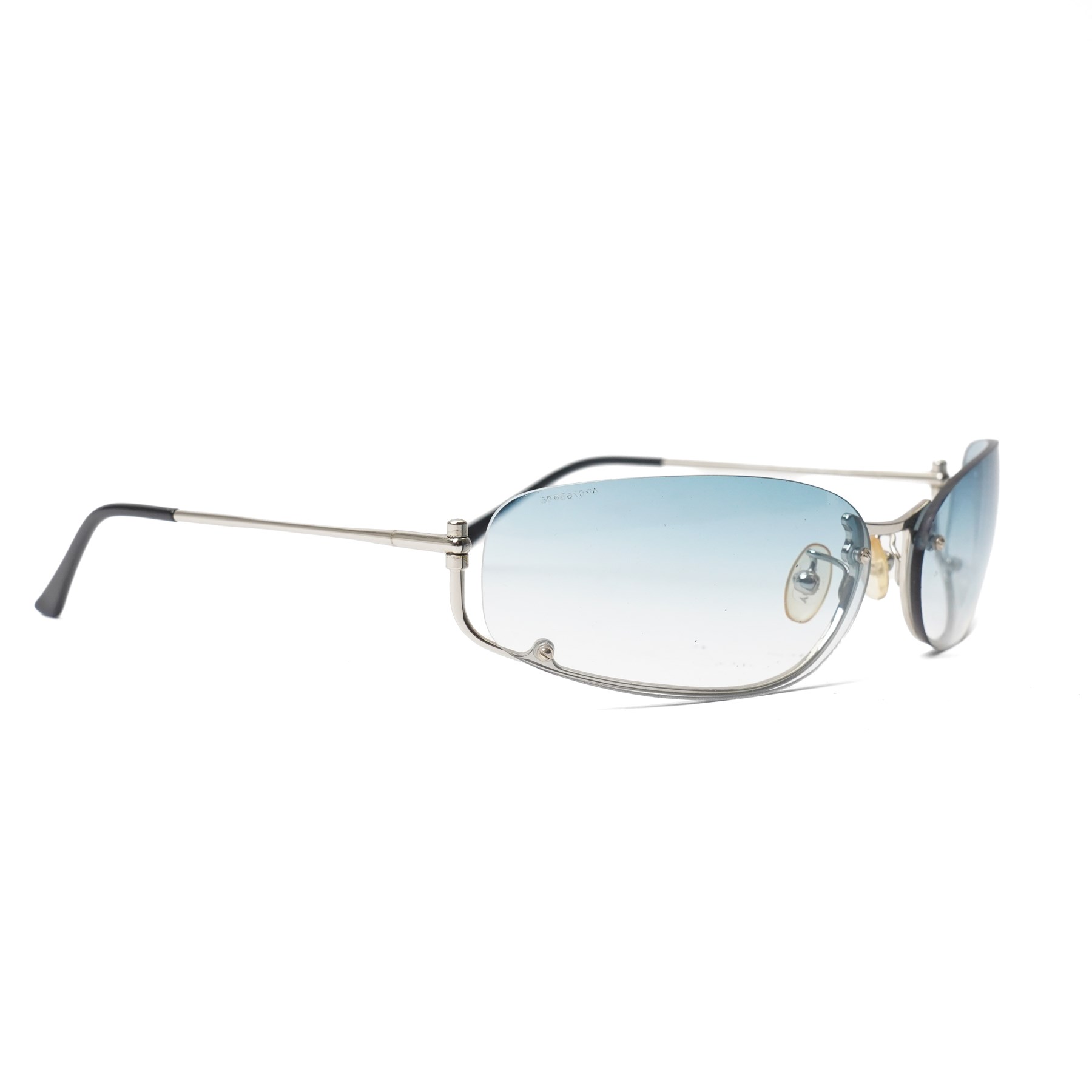 Prada - rimless shield-style sunglasses, with graduated blue smoke lenses, silver-tone metal lower bridge and temples and PRADA lettering to the arms, in original hard case 
