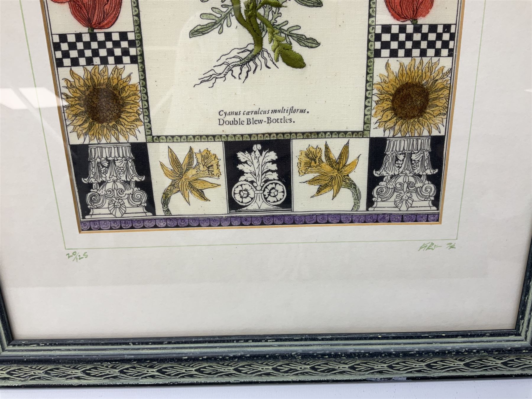 Pair of embroidered panels worked with floral studies of Greater Sunflower and Double Blew-Bottles, by Kirsten Bell, signed and dated '94, housed in glazed frames, W33cm. H43.5cm