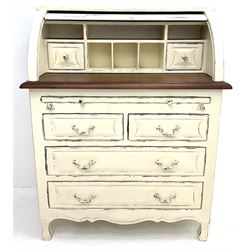 Laura Ashley Bramley range French style cream painted tambour roll top bureau desk, fitted interior, single slide above two short and two long drawers 