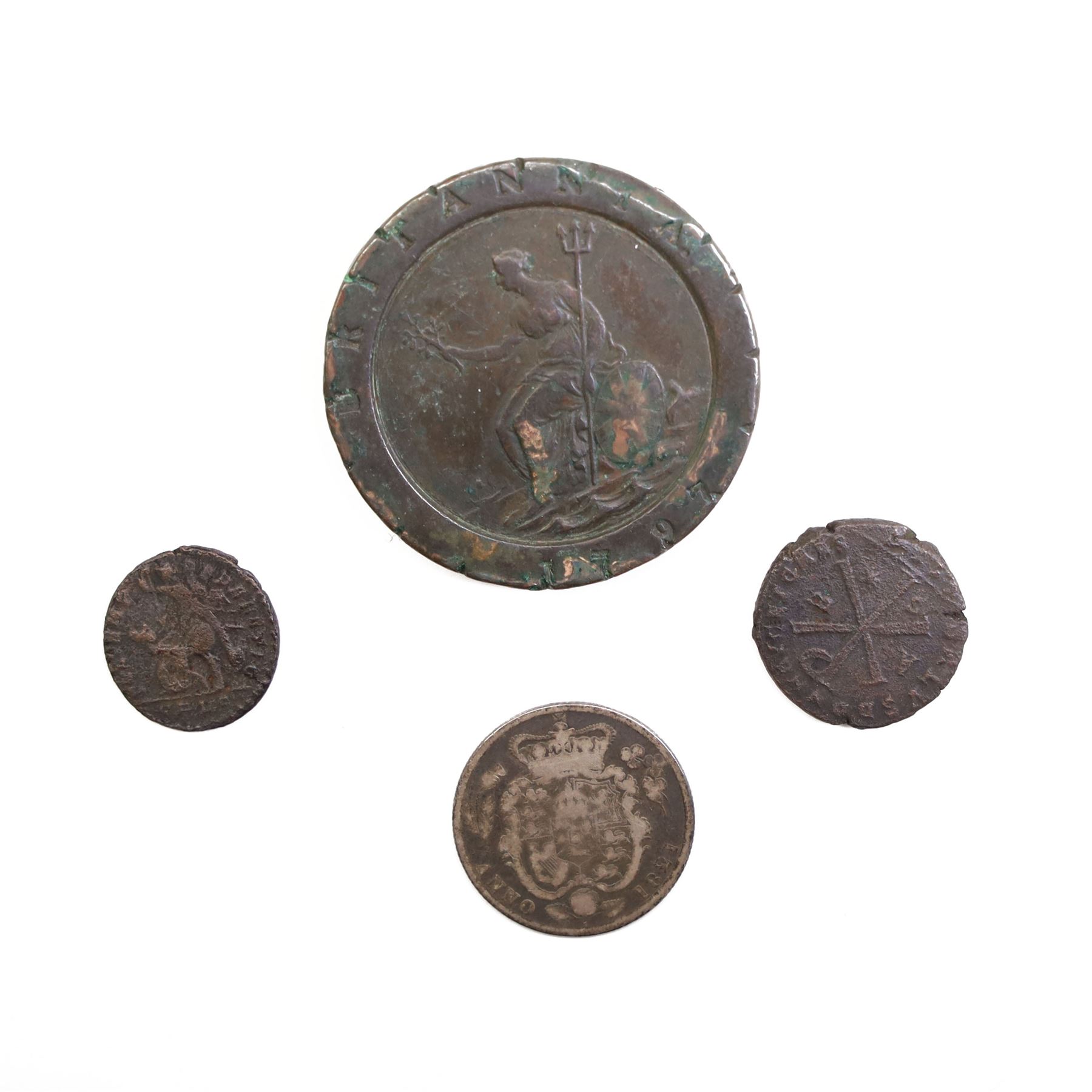 George IV 1821 silver shilling coin, George III 1797 'cartwheel' twopence, Decentius coin, and Constantius II coin (4)