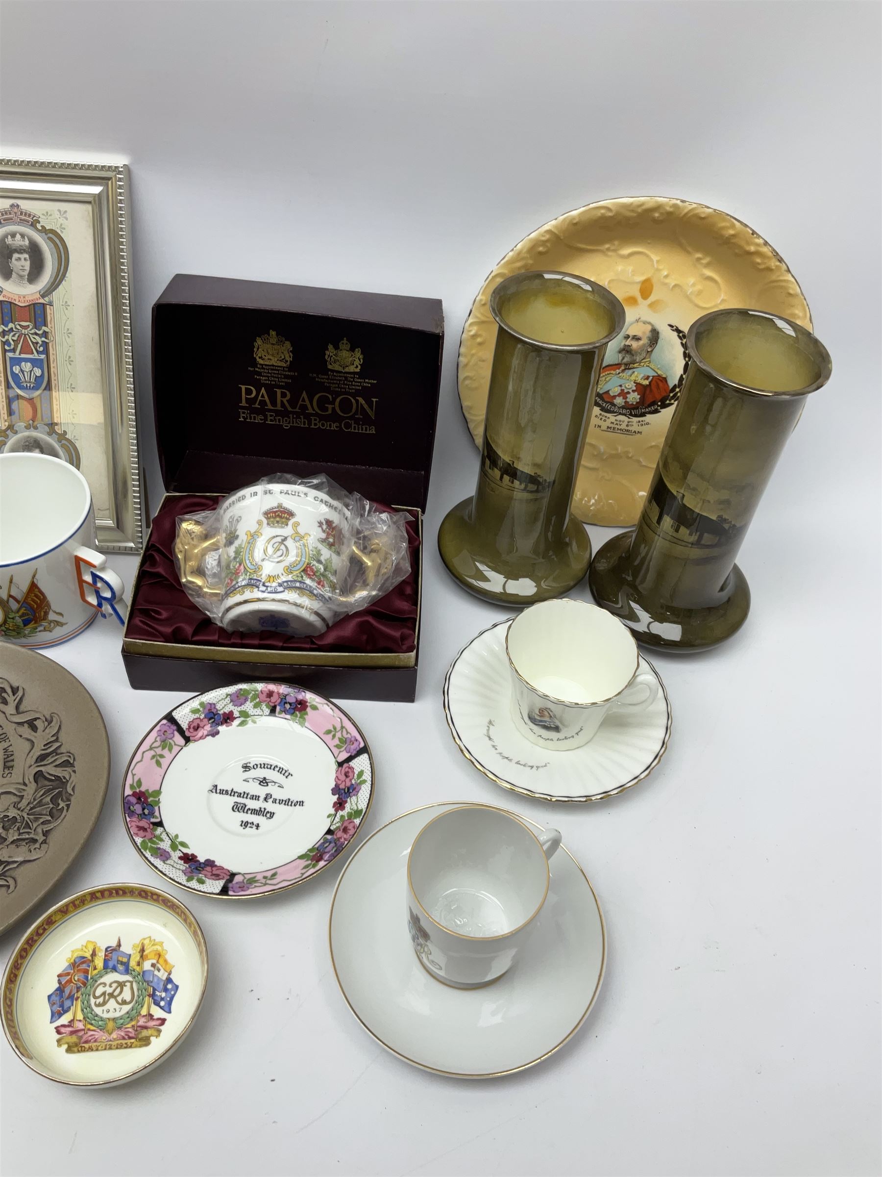 Commemorative ware to include Sampson Bridgwood Queen Victoria 1897 Jubilee teapot for Harrods, Poole limited edition Charles and Diana plaque, Regent China Edward VII moustache cup and saucer, pair of Aynsley Prince William birth mini loving cups, Pair Robert Burns Ridgways vases c1910 and other commemorative ceramics in one box