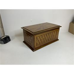 19th Century mahogany and parquetry box of rectangular form, geometric cube design, with a stylised sun detail to the hinged cover, opening to reveal three compartments, L33cm D21cm H16cm
