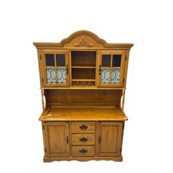 Hardwood dresser, the raised back enclosed by glazed doors, the lower section fitted with two cupboards and three drawers