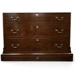 Late 18th century George III mahogany secretaire chest-on-chest, dentil cornice over banded frieze, the top section fitted with three short cock-beaded drawers over three long flanked by chamfered uprights, the base with initial secretaire drawer - fall-front enclosing fitted interior with button-release, correspondence drawers and pigeonholes, over two long drawers with brass swan-neck handles and bracket feet