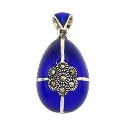Silver blue enamel and marcasite egg pendant, stamped 925
