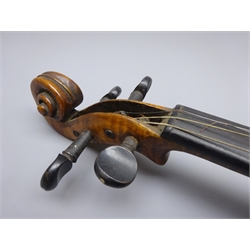  Early 20th century Russian violin c1900 with 35.5cm two-piece maple back and ribs and spruce top with rounded edges L59cm overall, in carrying case with bow  