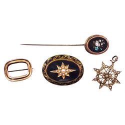 Victorian gold split pearl pendant/brooch, stamped 9ct, gold pietra dura flower stick pin, gold split pearl, glass and enamel mourning brooch and a gold buckle brooch
