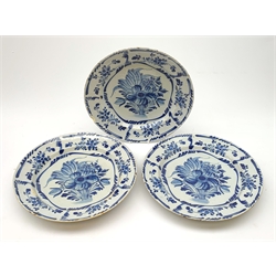 Three 19th century blue and white Delft plates, each with floral decoration, D30.5cm. 