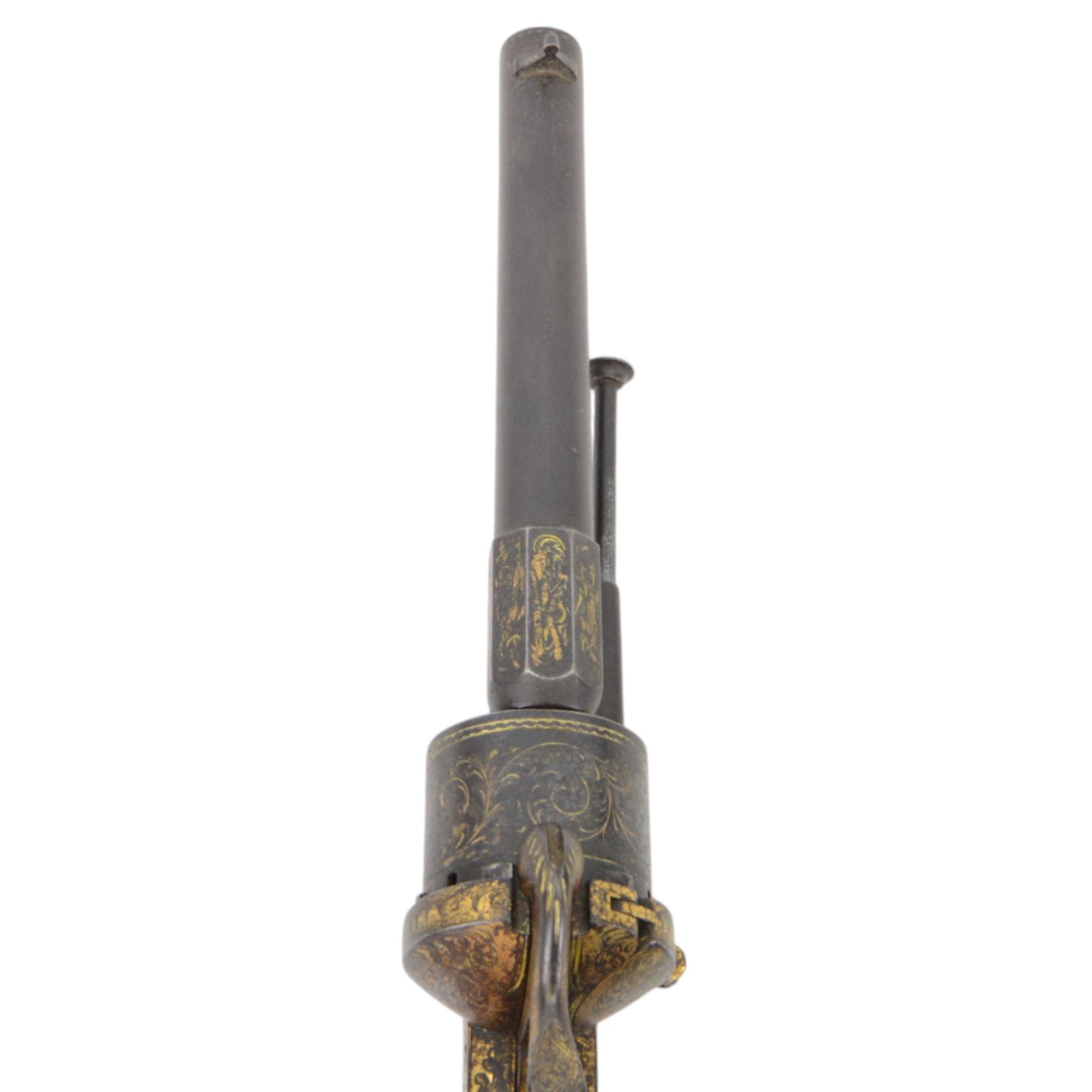 French six shot percussion and pinfire revolver, round barrel 2cm, numbered 1 F 75344 beneath and Brevete Paris on the other side, cylinder and frame overlaid with gold vine leaves, tendrils and lines; with ejector rod on the right, plain wooden grip, and lanyard ring
Sold as an exempt item under Section 58 (2) of the 1968 Firearms Act, to be held as a curiosity or ornament