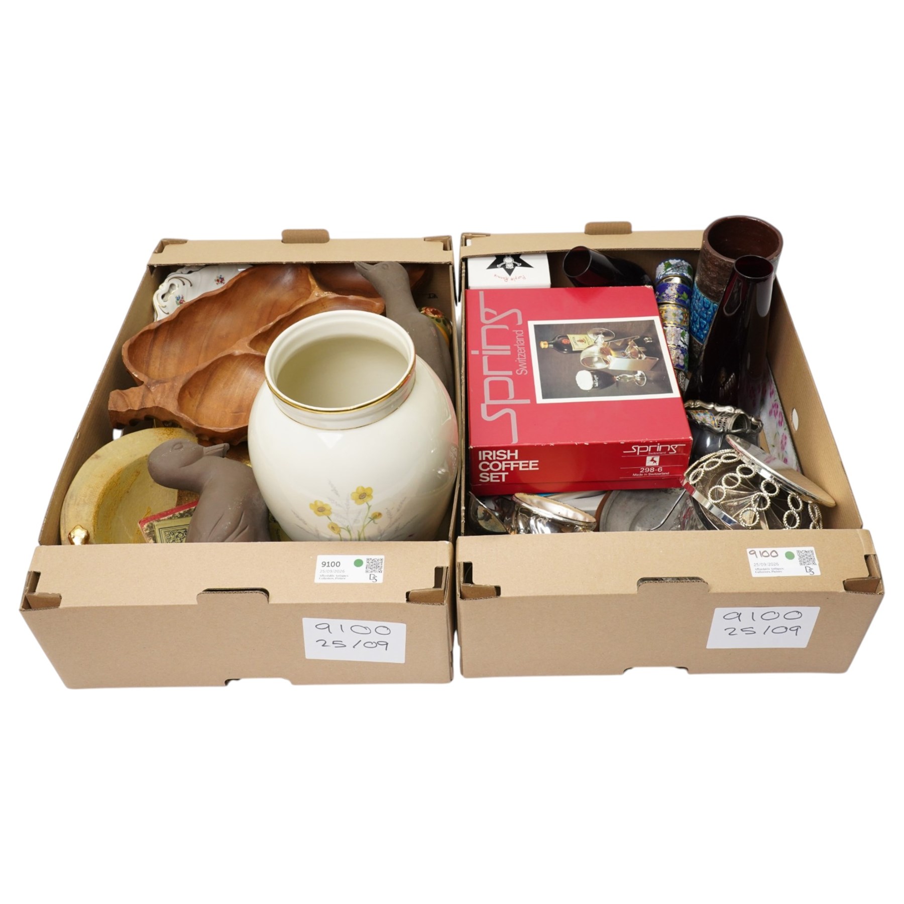 Collection of metal ware and kitchenalia, including a set of cloisonne napkin rings, carved wooden items, boxed Irish coffee set, WMF kitchen plate etc