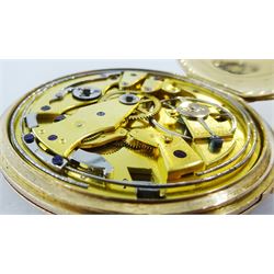 18ct gold open face key wound quarter repeating Swiss lever pocket watch by Garni en Pierre, No. 5090, the gold dust cover inscribed 'Echappement Libre a Ancre', plunge repeat in the pendant, silver engine turned dial with Roman numerals and subsidiary seconds dial