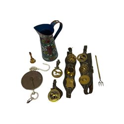 Salter's scales, horse brasses, Bargeware type metal jug, etc