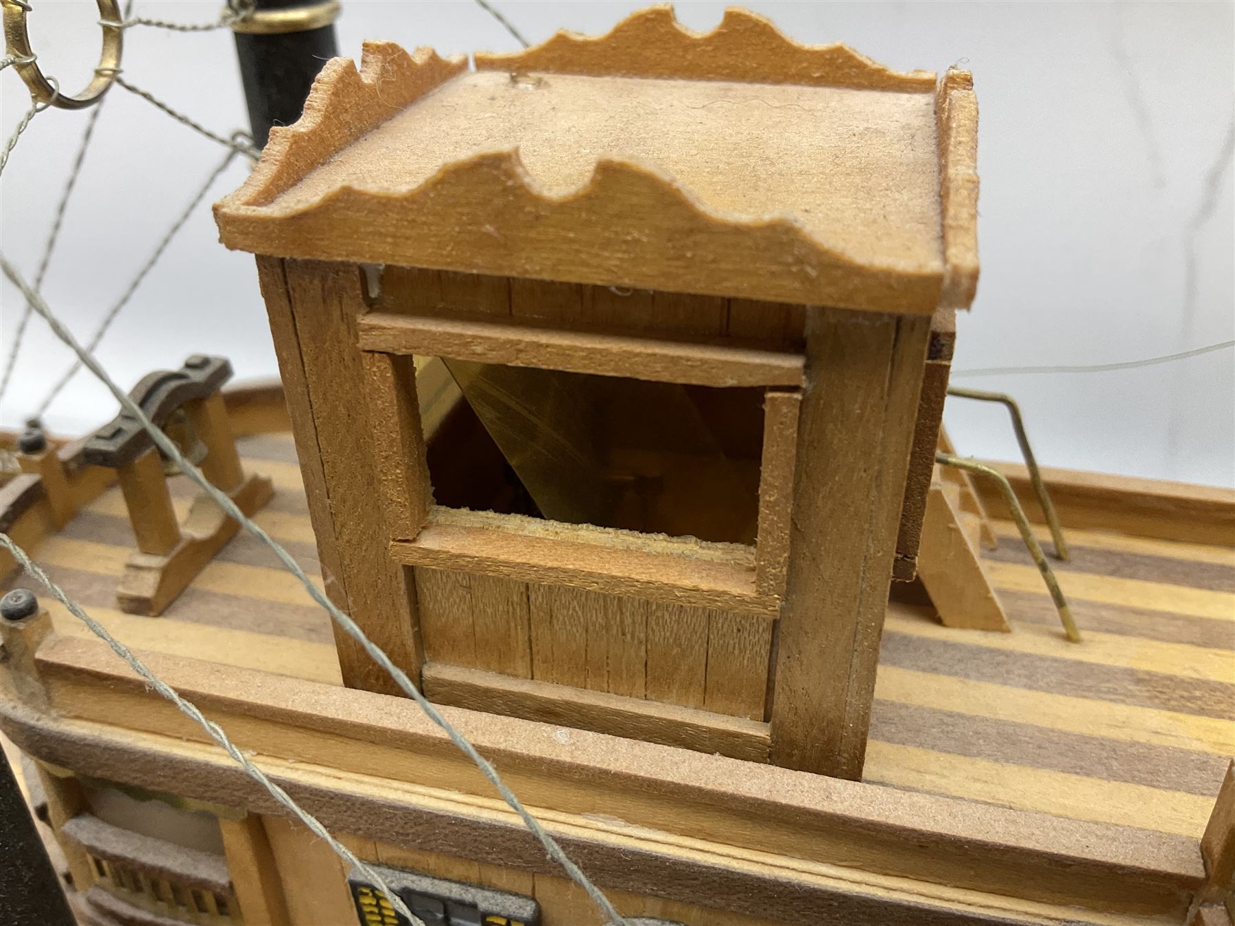 Hand built model of a river paddle steamer 'King of the Mississippi' and a sailing ship with three masts and unfurled sails, largest example H80cm, L101cm