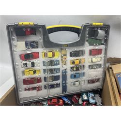 Quantity of play worn die-cast model cars, to include examples by Matchbox, Bburago, Solido etc, housed in various cases, two Bburago models of Ferraris, together with other die cast vehicles etc, in two boxes
