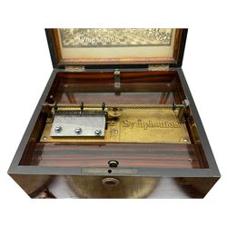 Late 19th century Symphonion disc musical box in inlaid walnut case with front lever action playing 25.5cm discs on a 10.5cm steel comb with forty-nine teeth, musical scene of cherubs under the lid, L33cm; together with five 25.5cm discs, fifteen 20.5cm discs and eleven 19cm discs