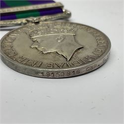 George VI General Service Medal with Palestine 1945-48 clasp awarded to 19150916 Gnr. G. Stewart R.A.; with ribbon