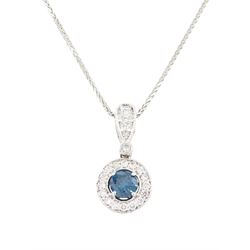 14ct white gold diamond pendant necklace, single round brilliant cut fancy blue diamond of...