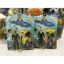 Seventeen TV & film related carded action figures comprising four Pirates of the Caribbean; five Shrek; three Star Trek; two Sea Quest DSV; Captain Scarlet, Warriors of Virtue; and Jurassic World; all in unopened blister packs (17)