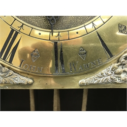  Late 18th century oak and mahogany banded 30 hour longcase clock 10in square brass dial with single hand inscribed Iohn Wawne, 30hr movement with bell strike, H214cm  