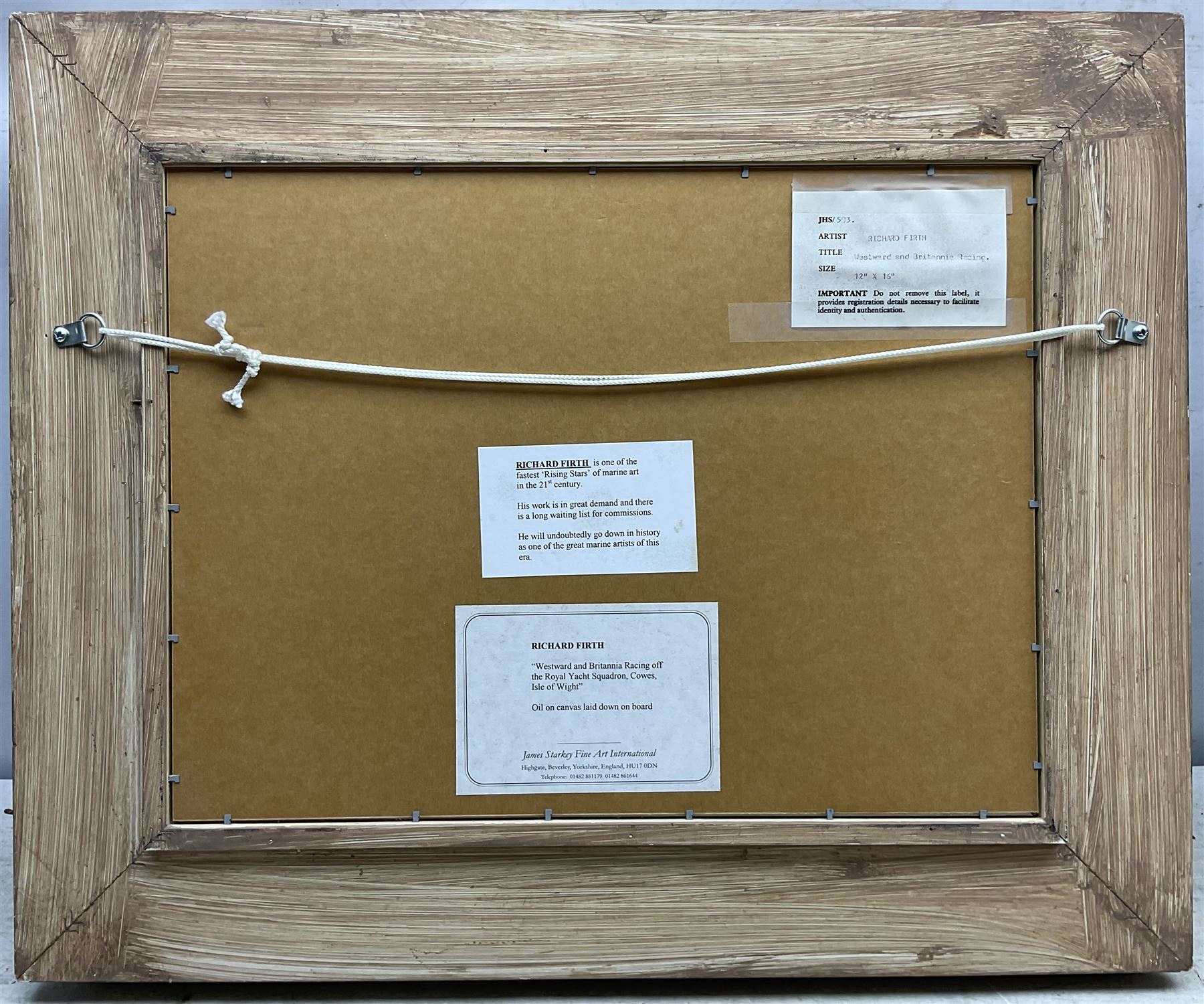 Richard M Firth (British 1971-): 'Westwood and Britannia Racing off the Royal Yacht Squadron - Cowes', oil on canvas laid on to board signed, titled on gallery label verso 29cm x 39cm 
Provenance: with James Starkey, Beverley, label verso