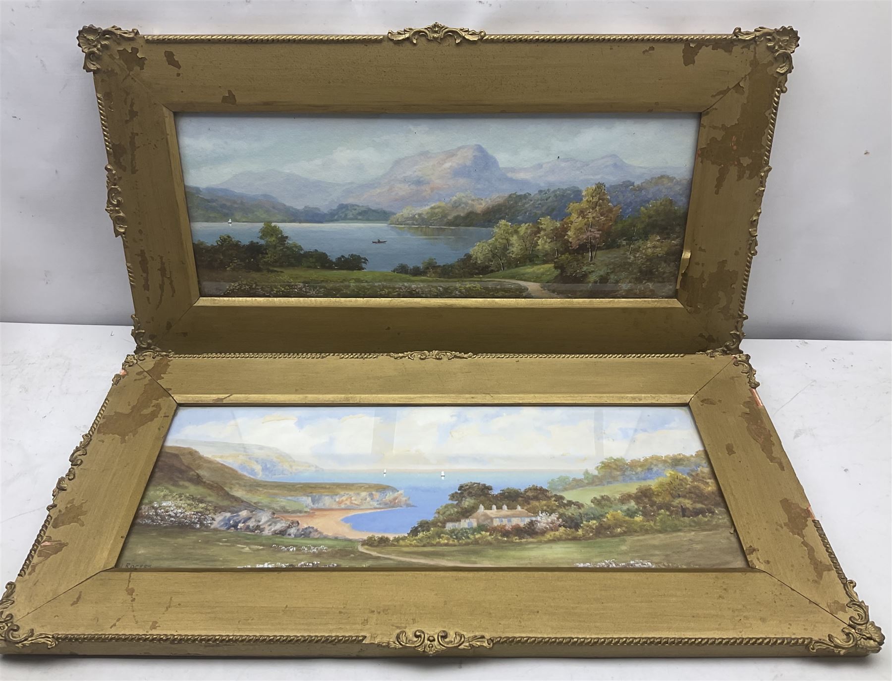 J Rogers (British 19th/20th century): Lake Scene and Coastal Scene, pair watercolours signed 20cm x 53cm (2)