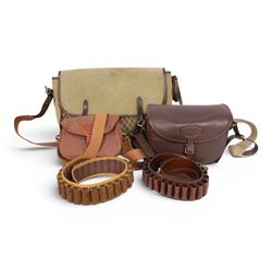 Leather cartridge bag with a canvas strap, together with another cartridge bag, two leathe...