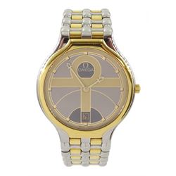 Omega gold and stainless steel quartz wristwatch, Cal. 1435, grey and champagne Egyptian Ankh dial and hands, with date aperture at 6 o'clock, on integrated Omega gold and stainless steel bracelet strap, with fold-over clasp