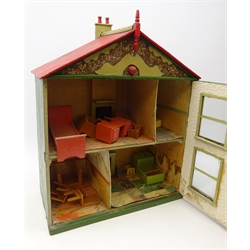  Mid 20th century painted dolls house with pebble-dash style front, some furniture, H66cm x W51cm   