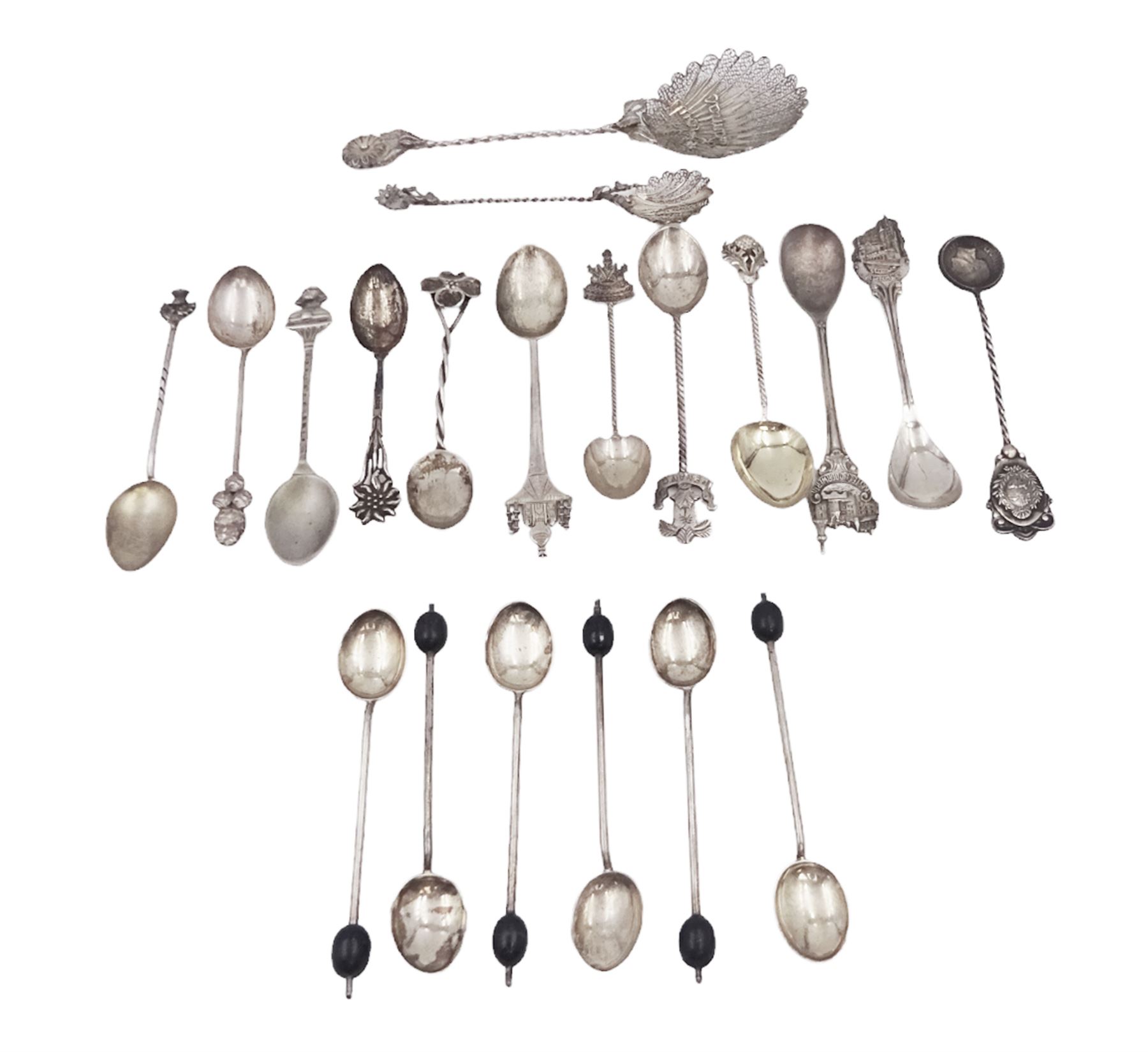 Set of six 1920s silver coffee bean spoons, together with a collection of silver souvenir and similar spoons, including two filigree examples, all tested or hallmarked