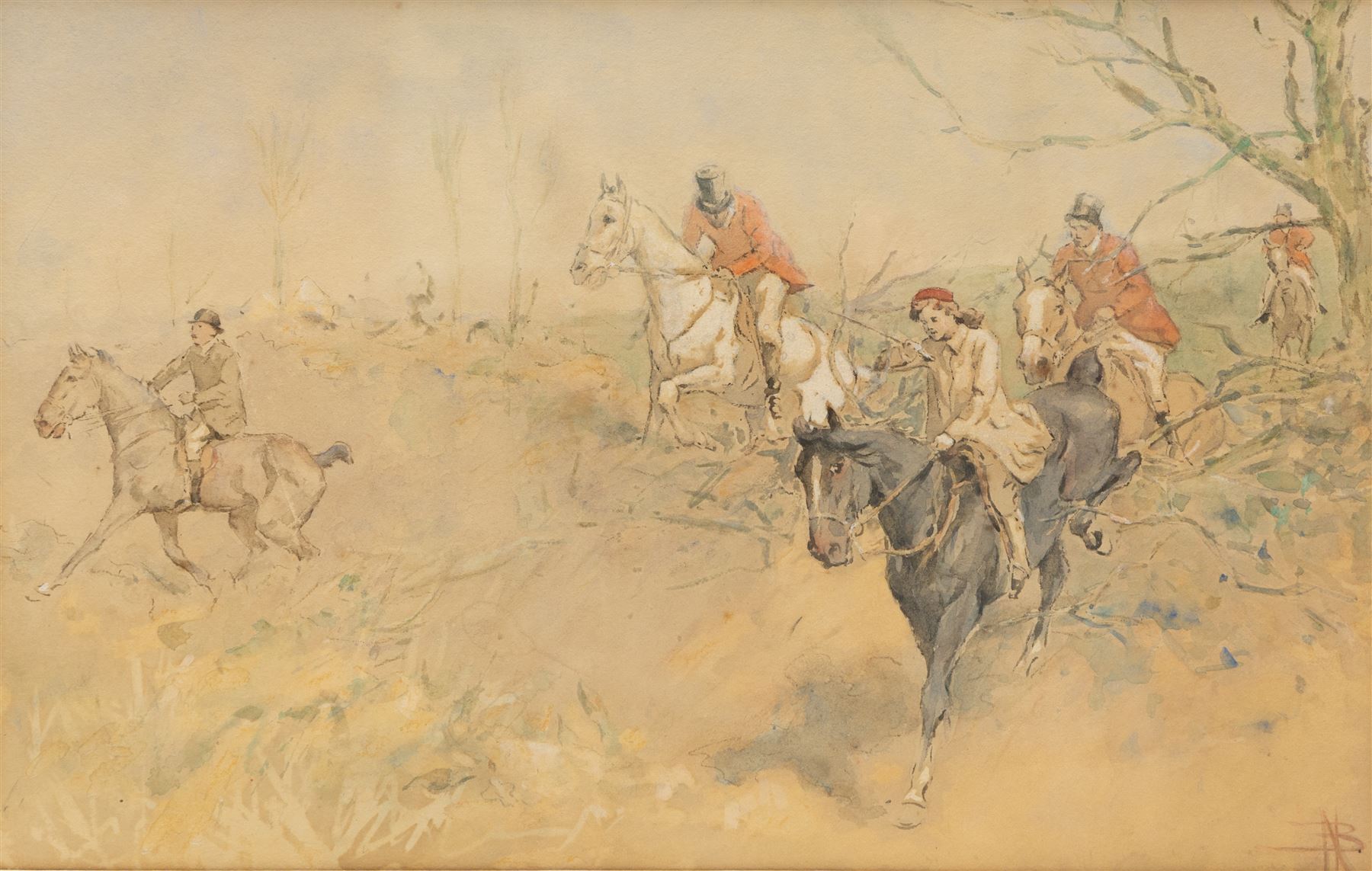 Nathaniel Hughes John Baird (British 1865-1936): Winter Hunting Scene, watercolour signed with monogram 22.5cm x 35.5cm