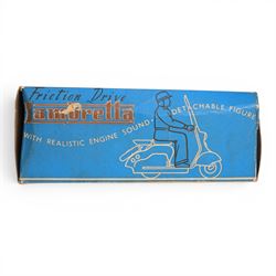 Mettoy friction drive Lambretta scooter no. 8134, the blue plastic scooter with cream handlebars and clear windshield, the rider with cream hat and clothing, stamped MTY 143 to front mud guards, in original box