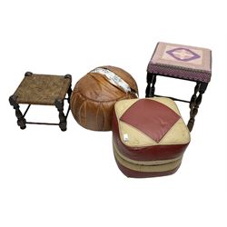 Stool with an upholster top, in a purple and pink top, together with three footstools of various forms, stool H50cm 