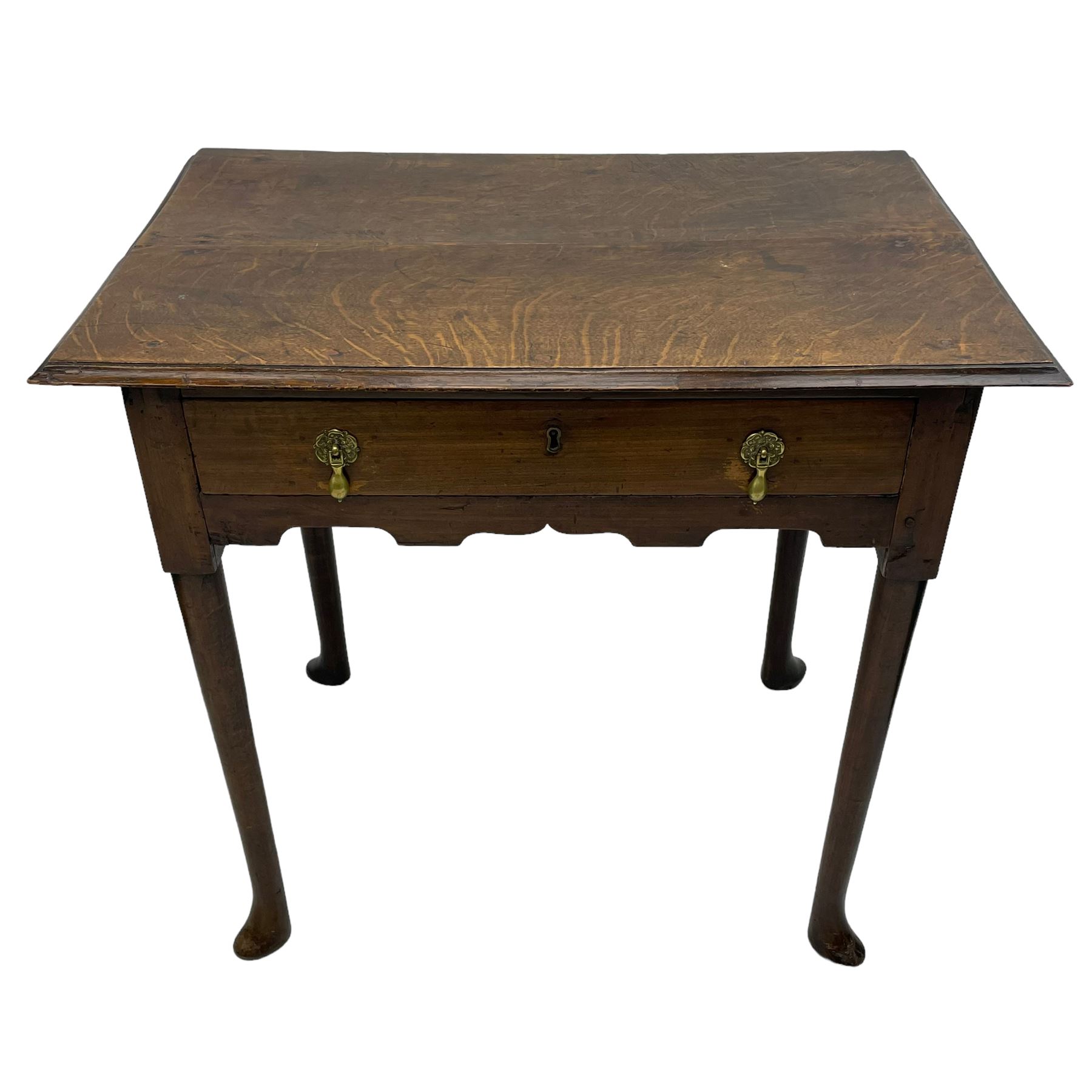George III oak and elm low-boy, rectangular top with moulded edge, fitted with single drawer cast brass drop handles, shaped apron over cabriole supports terminating in pointed feet