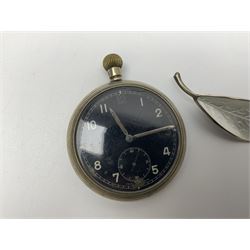 Norweigian silver enamel leaf brooch by David Andersen, together with a military issue pocket watch and a collection of costume jewellery including pair of clip on earrings by Butler & Wilson, beaded jewellery, brooches, etc