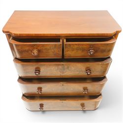 Victorian mahogany bowfront chest, with mahogany veneered drawers two over three drawers, turned handles with mother of pearl centres, raised on turned supports