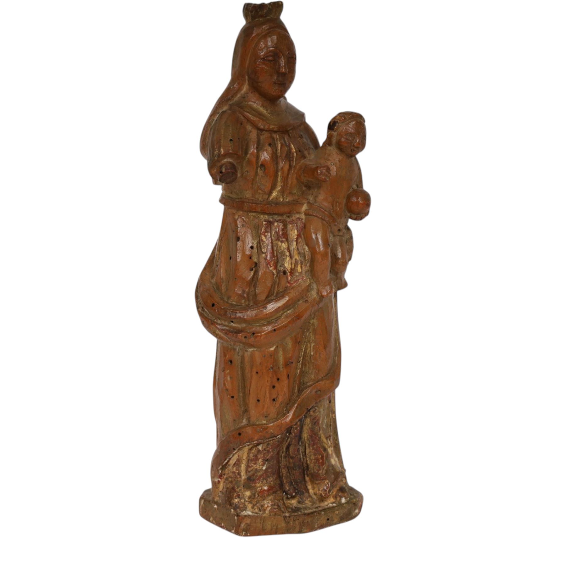 17th century carved limewood figure of a saint, with traces of original gilding, H22.5cm