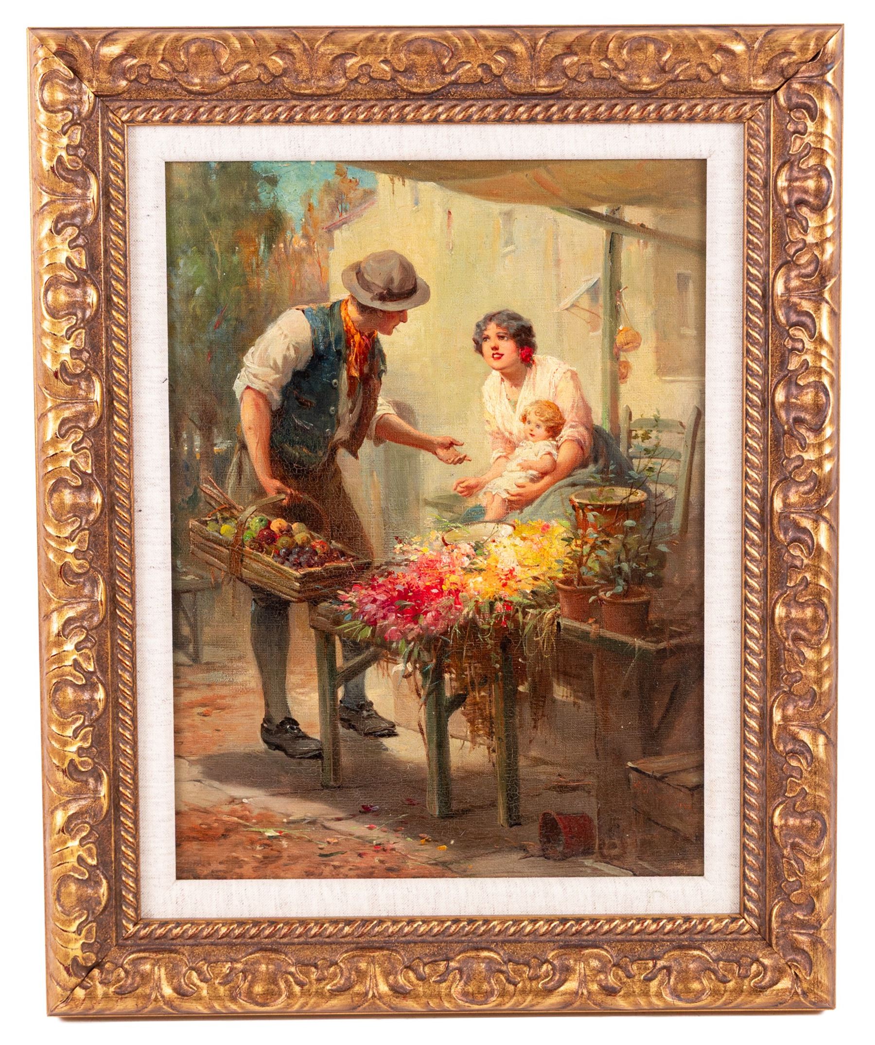 Stefano Novo (Italian 1862-1927): The Flirtatious Fruit Seller, oil on board indistinctly signed lower left 38cm x 29cm