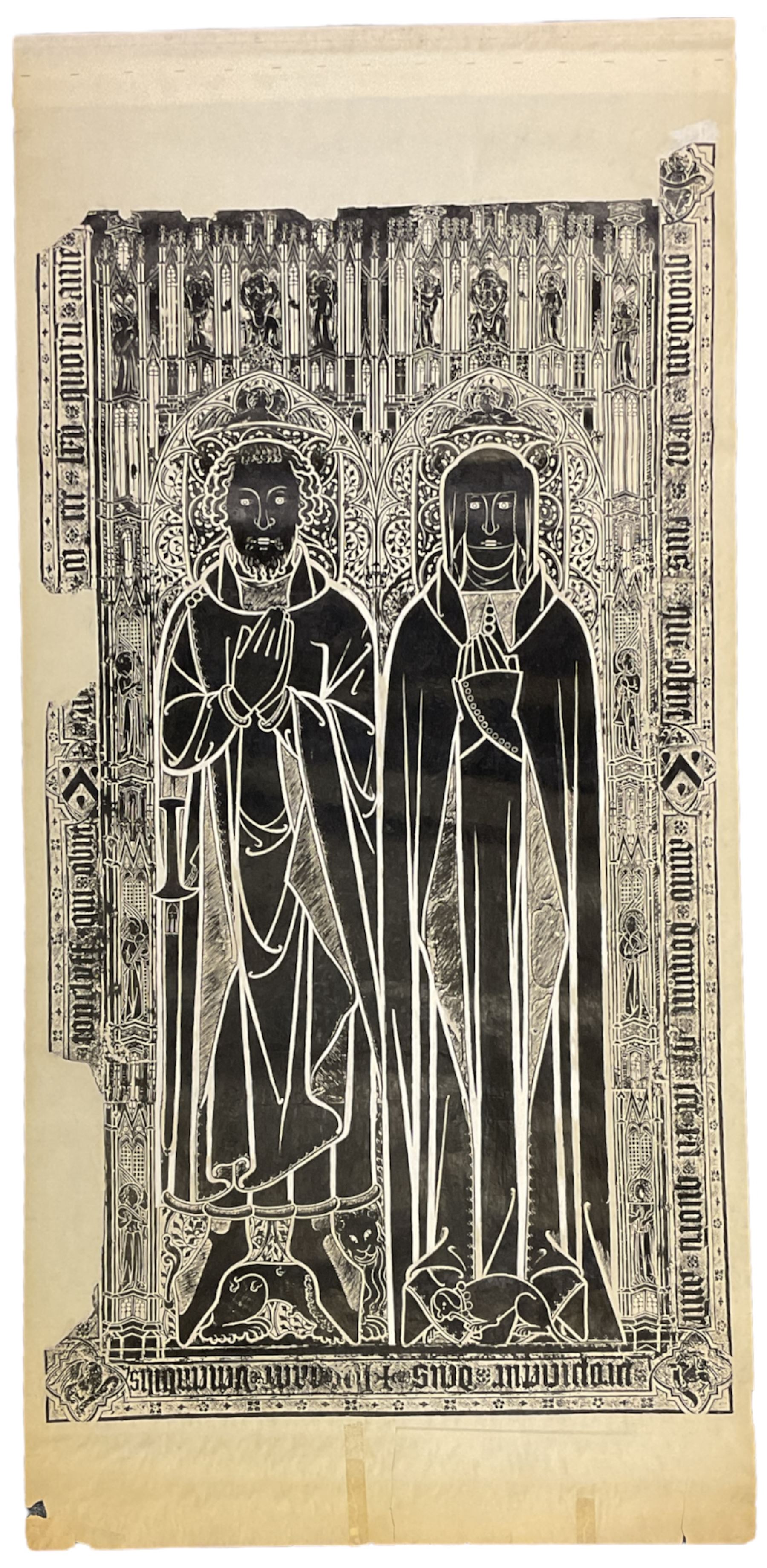 Collection large Brass Rubbings to include: 'Sir Robert de Bures (c.1331)', Knight 'Robert Ingylton' with Three Wives, 'Sir John d'Aubernoun II', 'Sir William Fitzralph (c.1323)', 'Sir John de Creke and Wife Alyne (c.1325)', 'Sir Thomas Swynborne and Father Sir Robert' and others max 280cm x 102cm (13) (unframed)