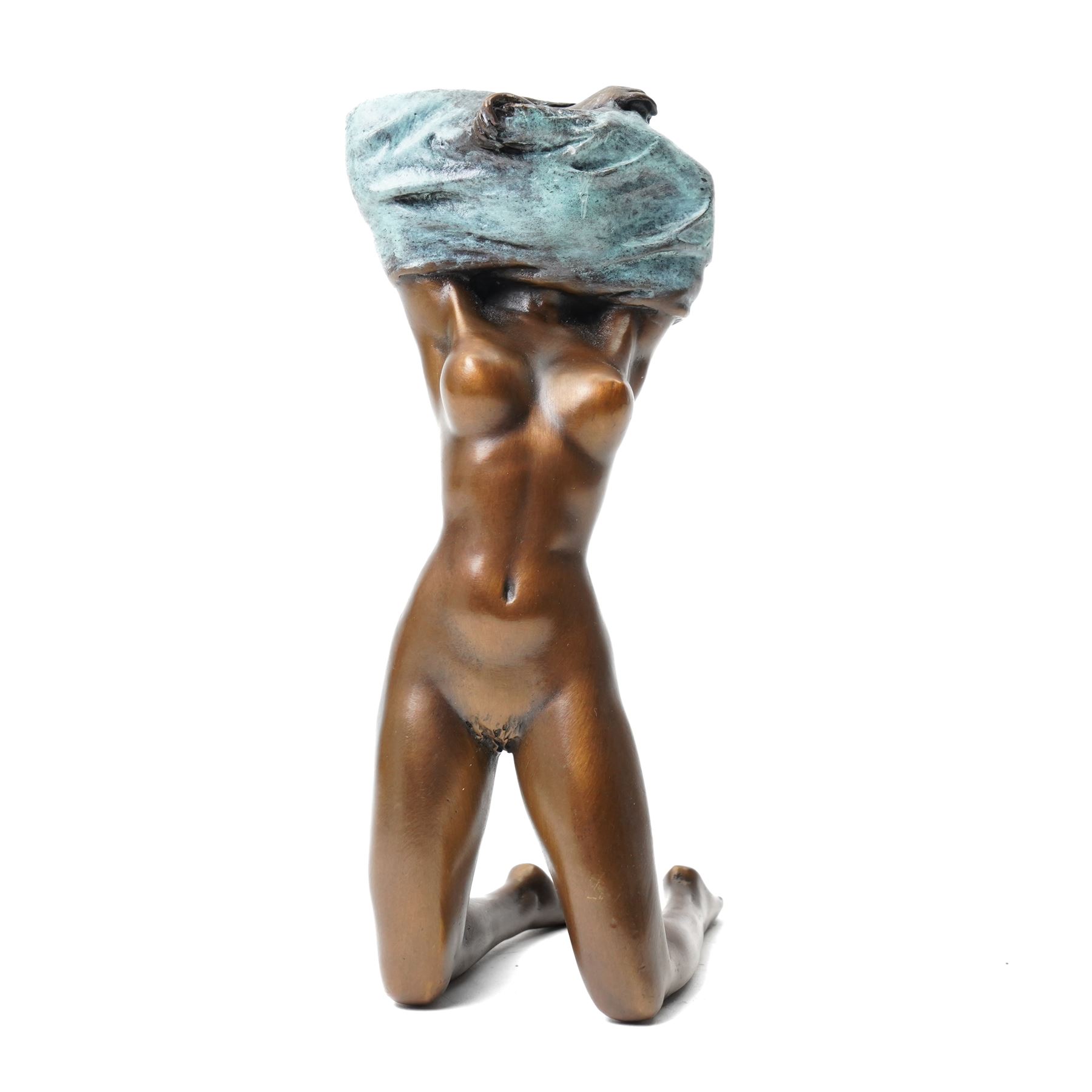 Bronze figure of a kneeling nude removing her shirt, signed 'Milo', H17cm