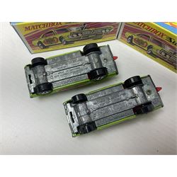 Matchbox 1-75 Series 'Superfast' ex-shop stock - eight models comprising two 62d Dragster, two 64c Slingshot Dragster, two 65d Saab Sonnet III and two 75c Alfa Carabo; all boxed; together with Matchbox trade catalogue c1973 in original vinyl cover (9)