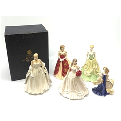 A group of five Royal Worcester figurines, comprising limited edition Grace Kelly 911/12500, Anniversary Figurine of the Year 2000, Southern Belle Scarlett, Southern Belle Melanie with box, and New Dawn. (5). 